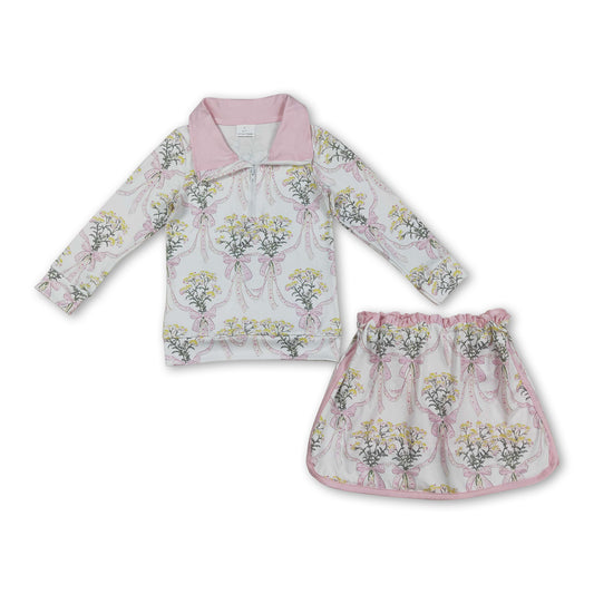 Long sleeves yellow floral bow pullover skirt girls clothing