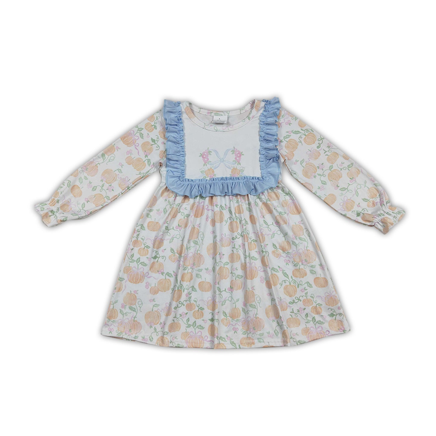 Long sleeves light blue bow pumpkin floral girls dresses