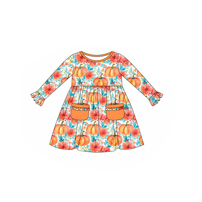 Long sleeves orange pockets pumpkin floral girls fall dress