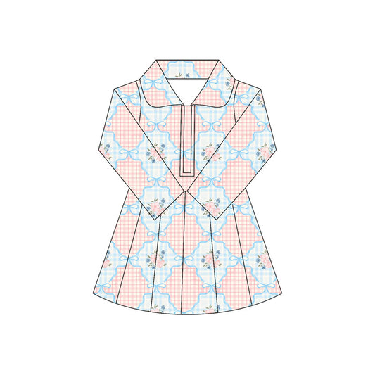 Long sleeves plaid bow floral kids girls athletic dress