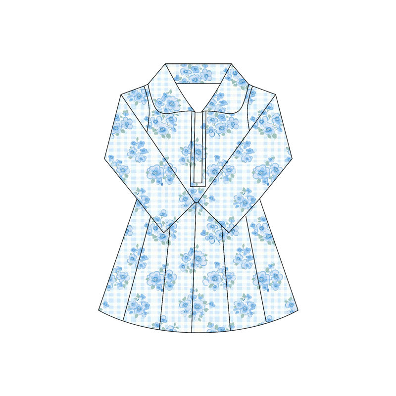 Long sleeves light blue floral kids girls athletic dress