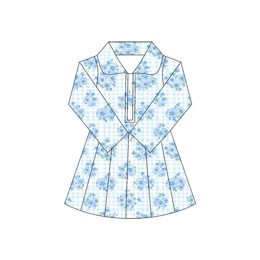 Long sleeves light blue floral kids girls athletic dress