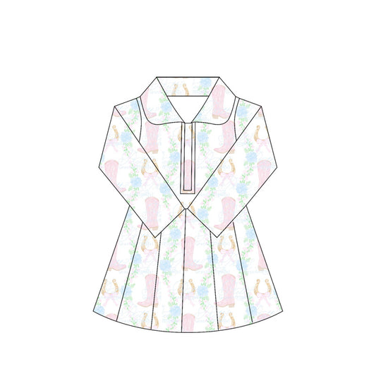 Long sleeves pink boots bow floral kids girls athletic dress