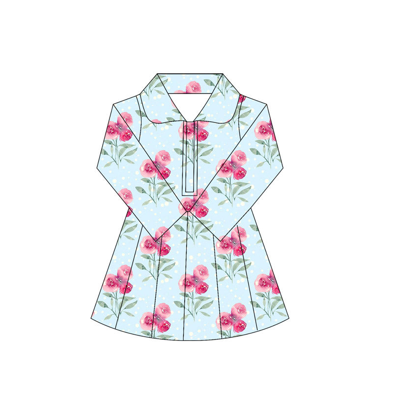 Long sleeves light blue floral kids girls athletic dress