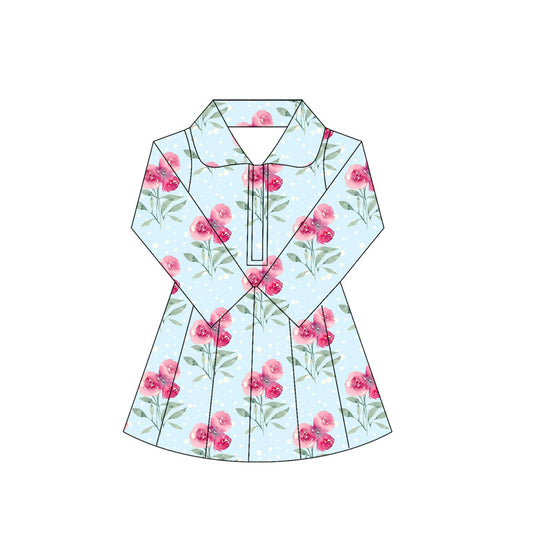 Long sleeves light blue floral kids girls athletic dress