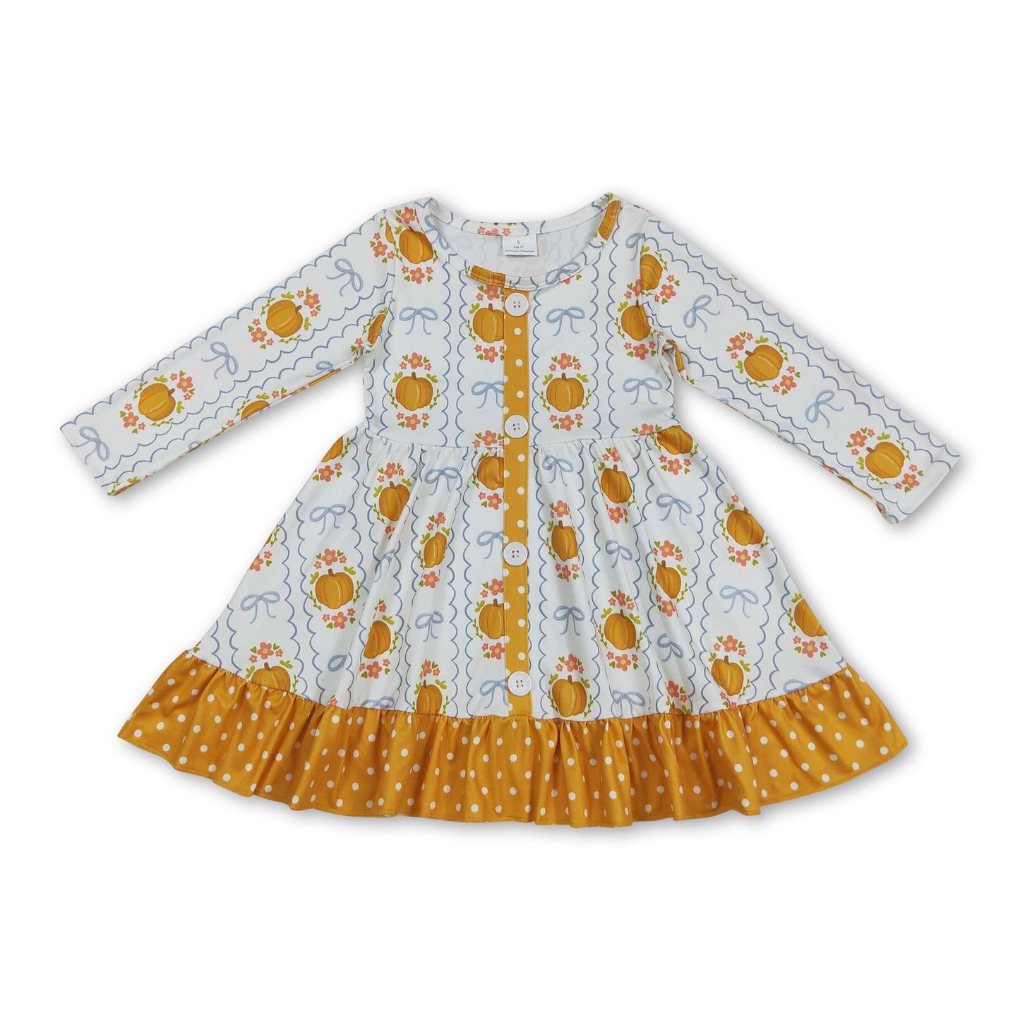 Long sleeves pumpkin bow floral ruffle girls fall dress