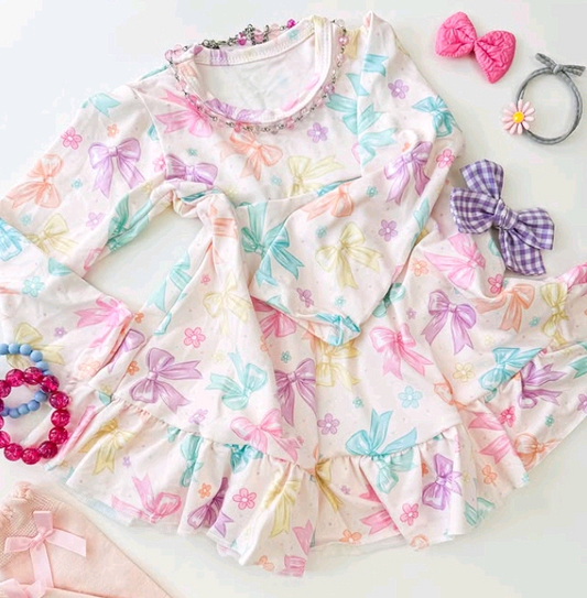 Long sleeves colorful bows ruffle girls dresses
