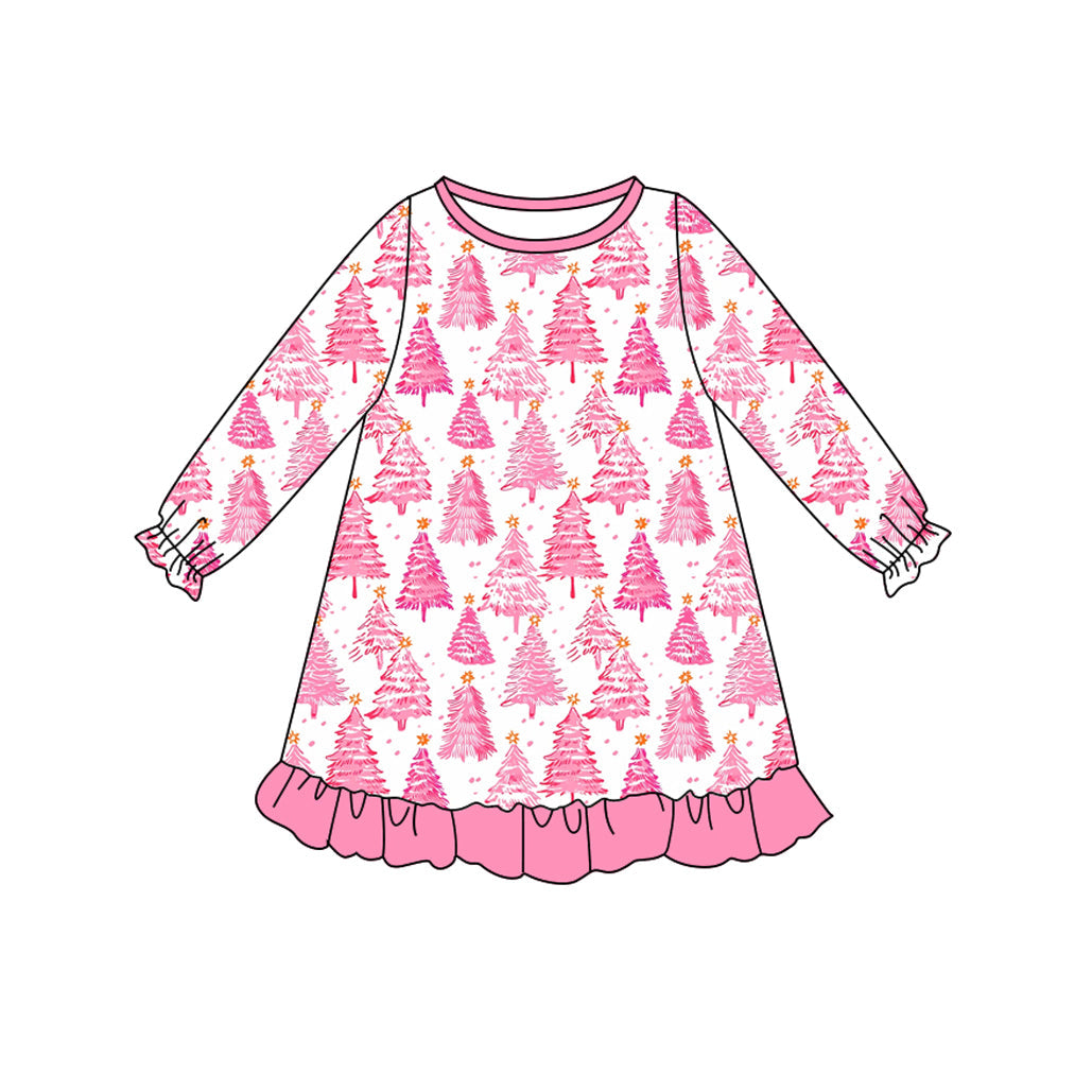 Pink Christmas tree ruffle kids girls Christmas dresses