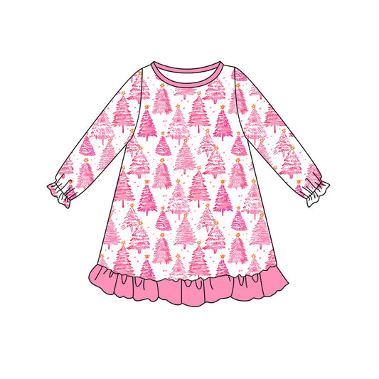 Pink Christmas tree ruffle kids girls Christmas dresses