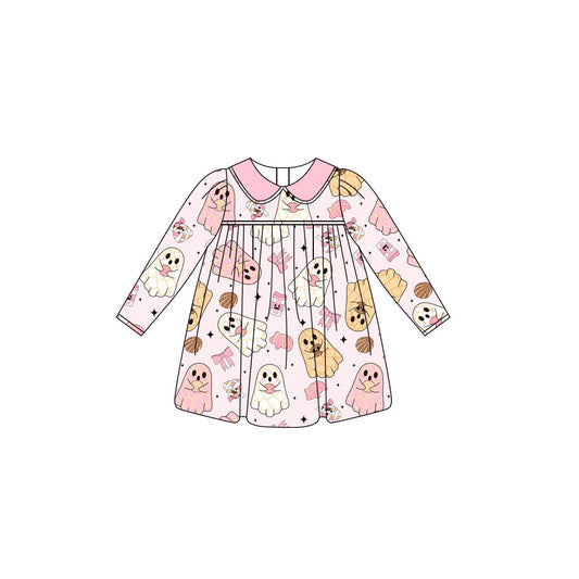 Long sleeves pink bow ghost kids girls Halloween dress
