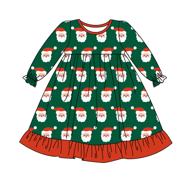 Green long sleeves santa ruffle girls Christmas dress
