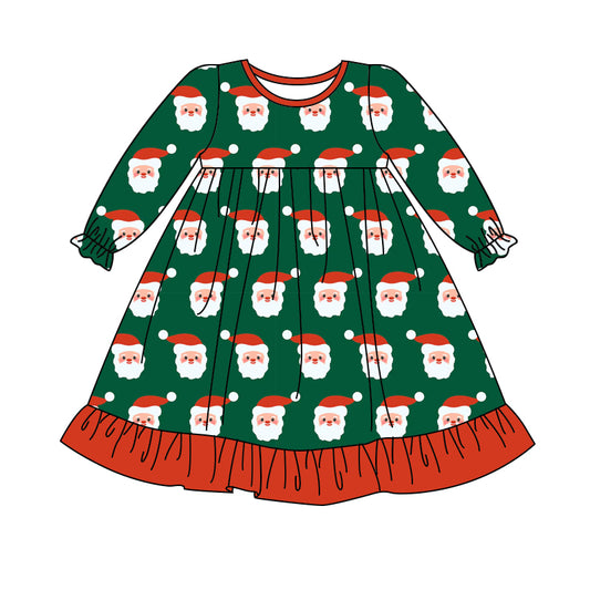 Green long sleeves santa ruffle girls Christmas dress