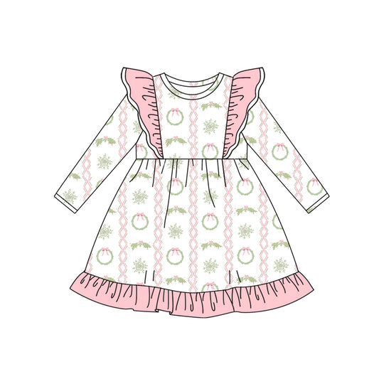 Long sleeves pink bow ornaments girls Christmas dress