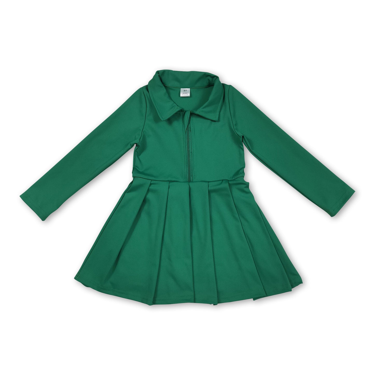 Long sleeves green zipper kids girls athletic polo dress