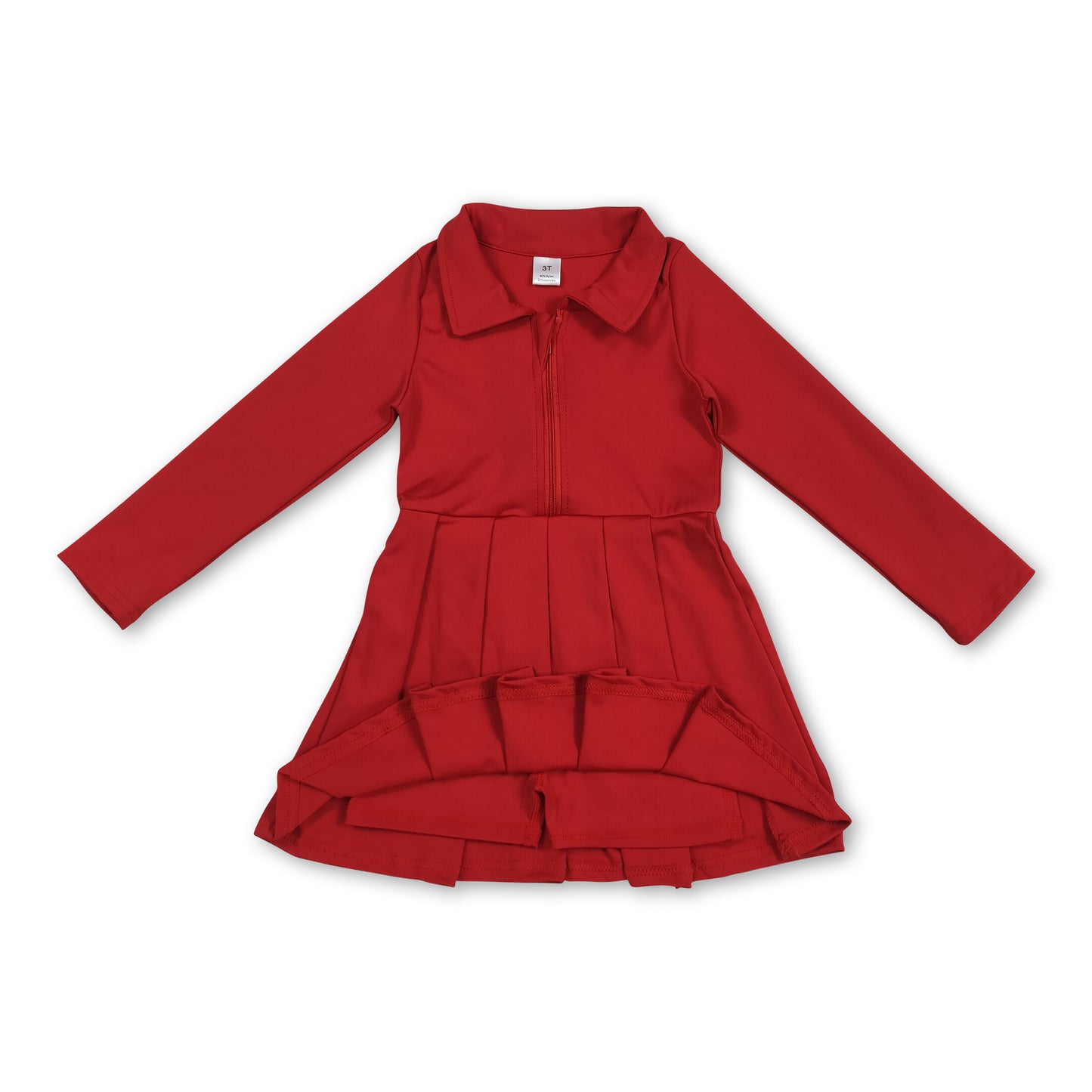 Long sleeves red zipper kids girls athletic polo dress