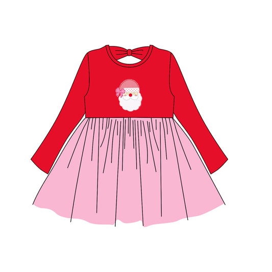 Red long sleeves bow santa pink tulle kids girls Christmas dress