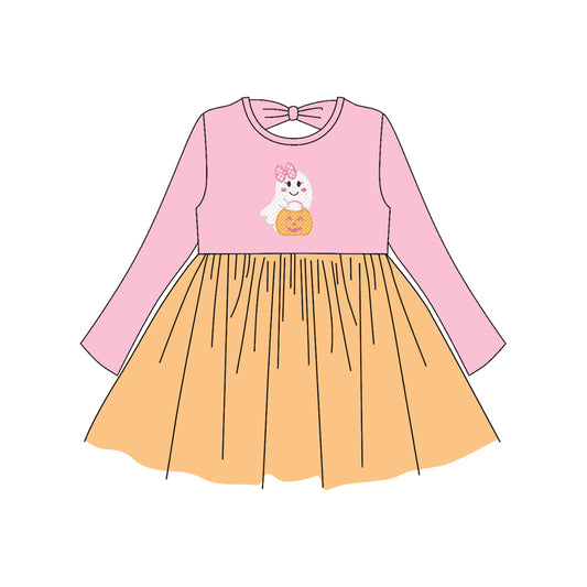 Pink long sleeves ghost pumpkin basket tulle girls Halloween dress