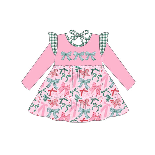 Pink long sleeves bow toddler girls dresses