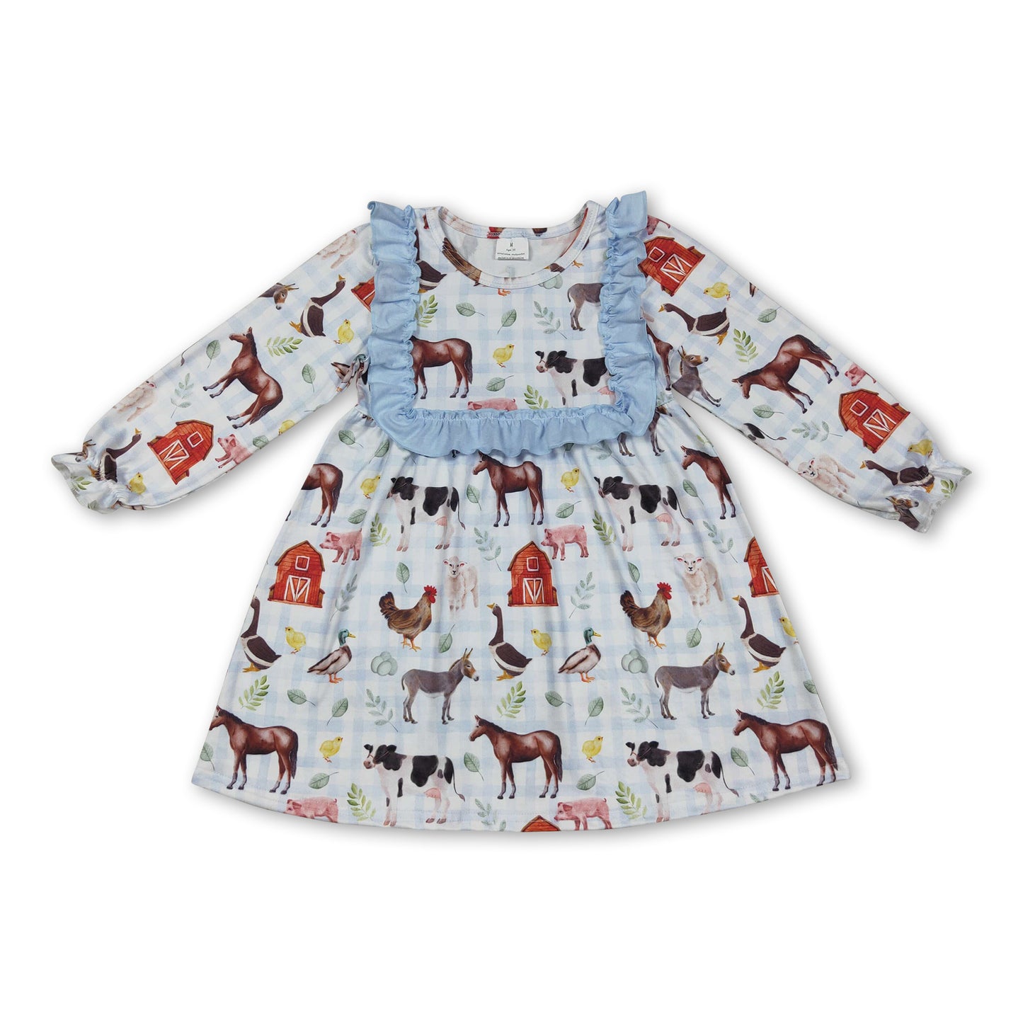 Light blue ruffle long sleeves plaid farm girls dresses