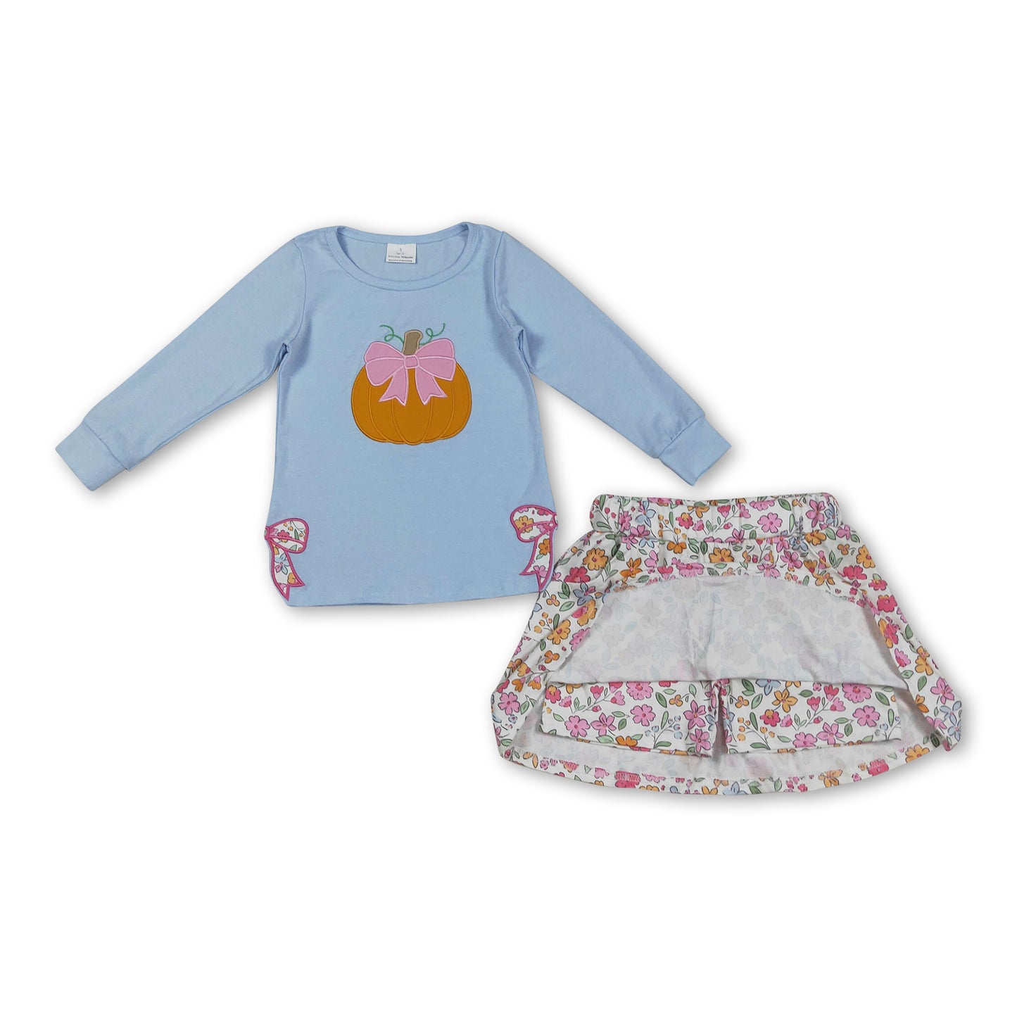 Pumpkin bow embroidery top floral skirt girls fall clothes