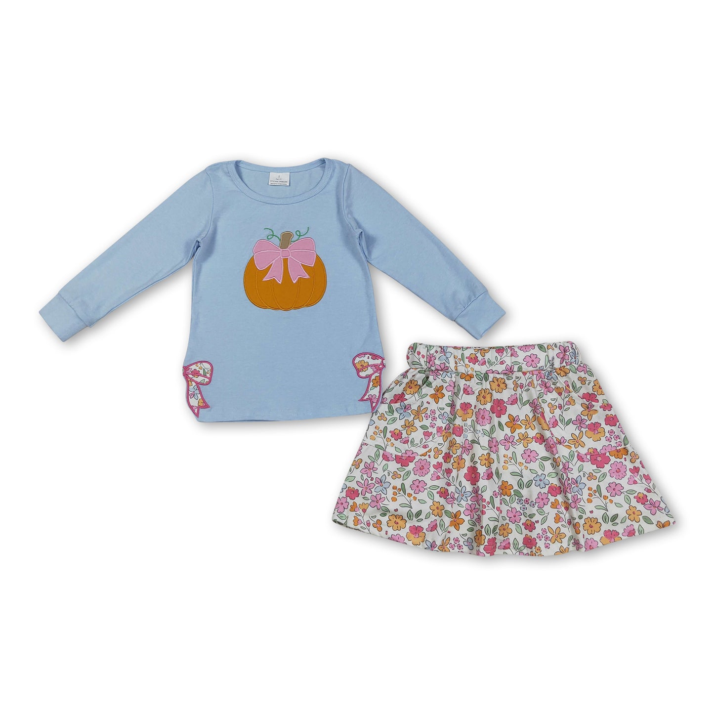 Pumpkin bow embroidery top floral skirt girls fall clothes