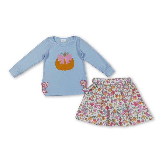 Pumpkin bow embroidery top floral skirt girls fall clothes