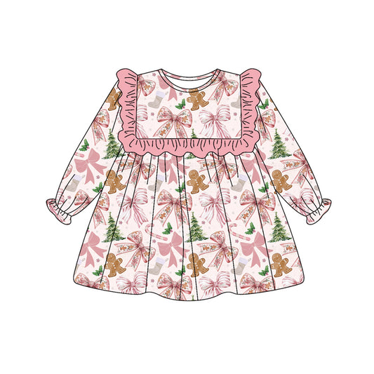 Long sleeves pink ruffle bows gingerbread girls Christmas dress