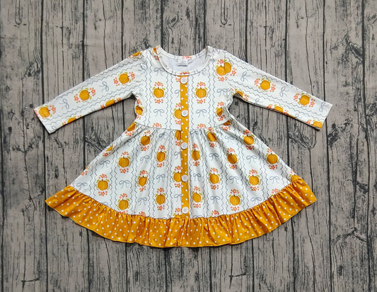 Long sleeves pumpkin floral bow baby girls fall dresses