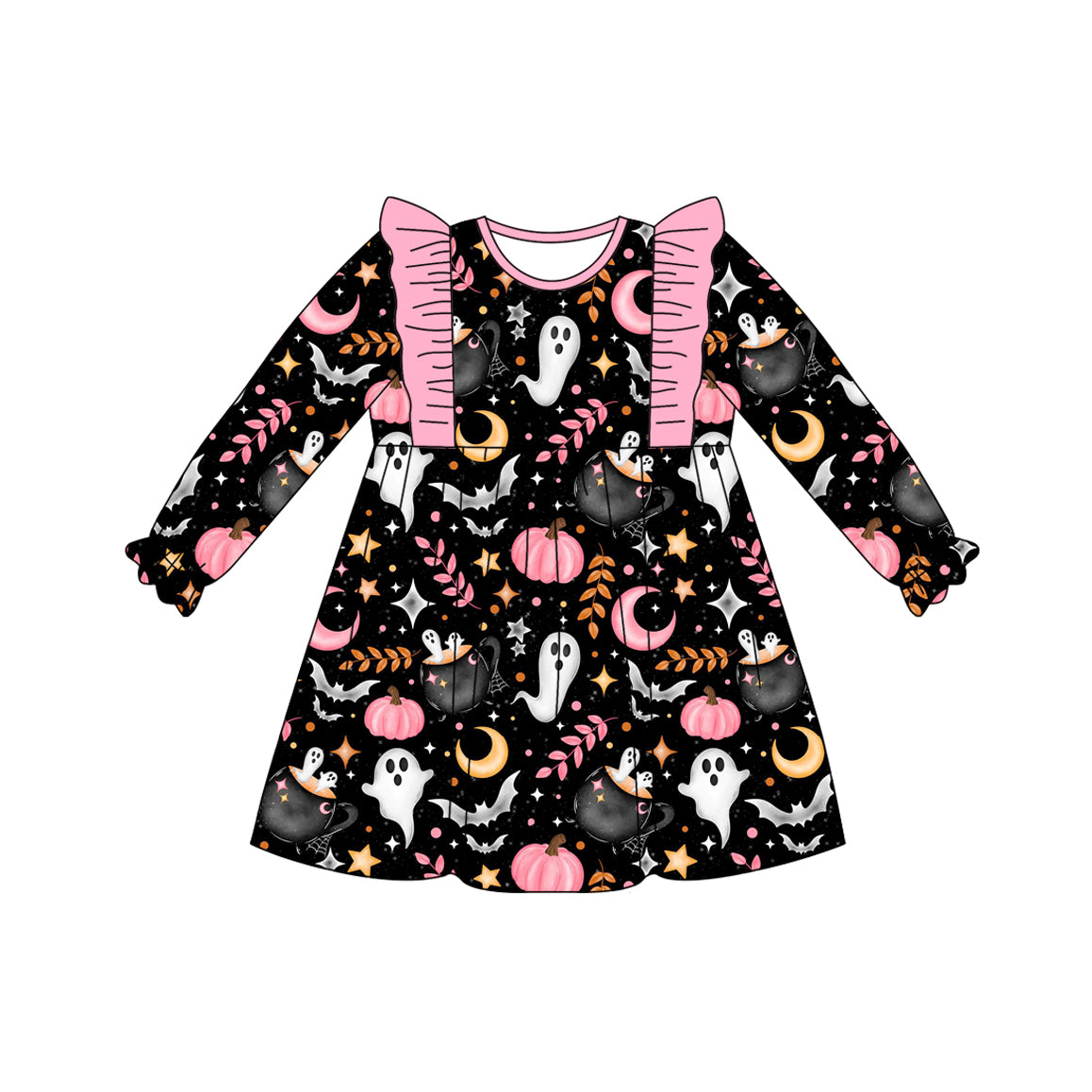Pink ruffle long sleeves pumpkin ghost girls Halloween dress