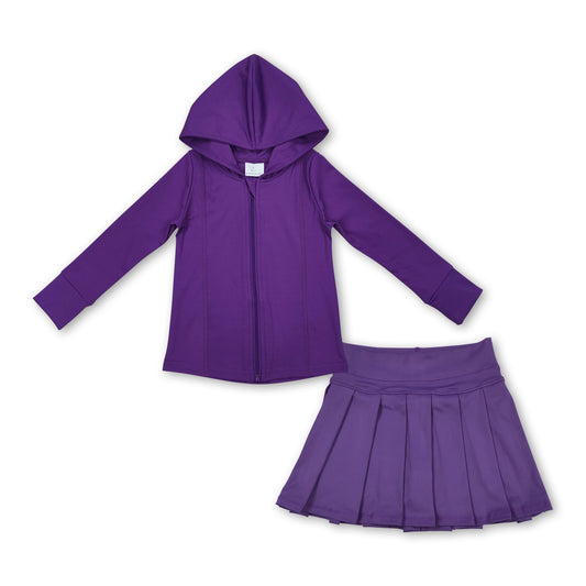 Purple zipper hooded jacket pleated skirt girls active set