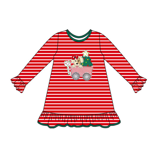 Red stripe dog Christmas tree ruffle girls dresses