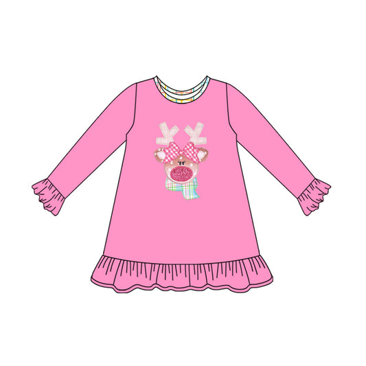 Long sleeves pink bow deer baby girls Christmas dress