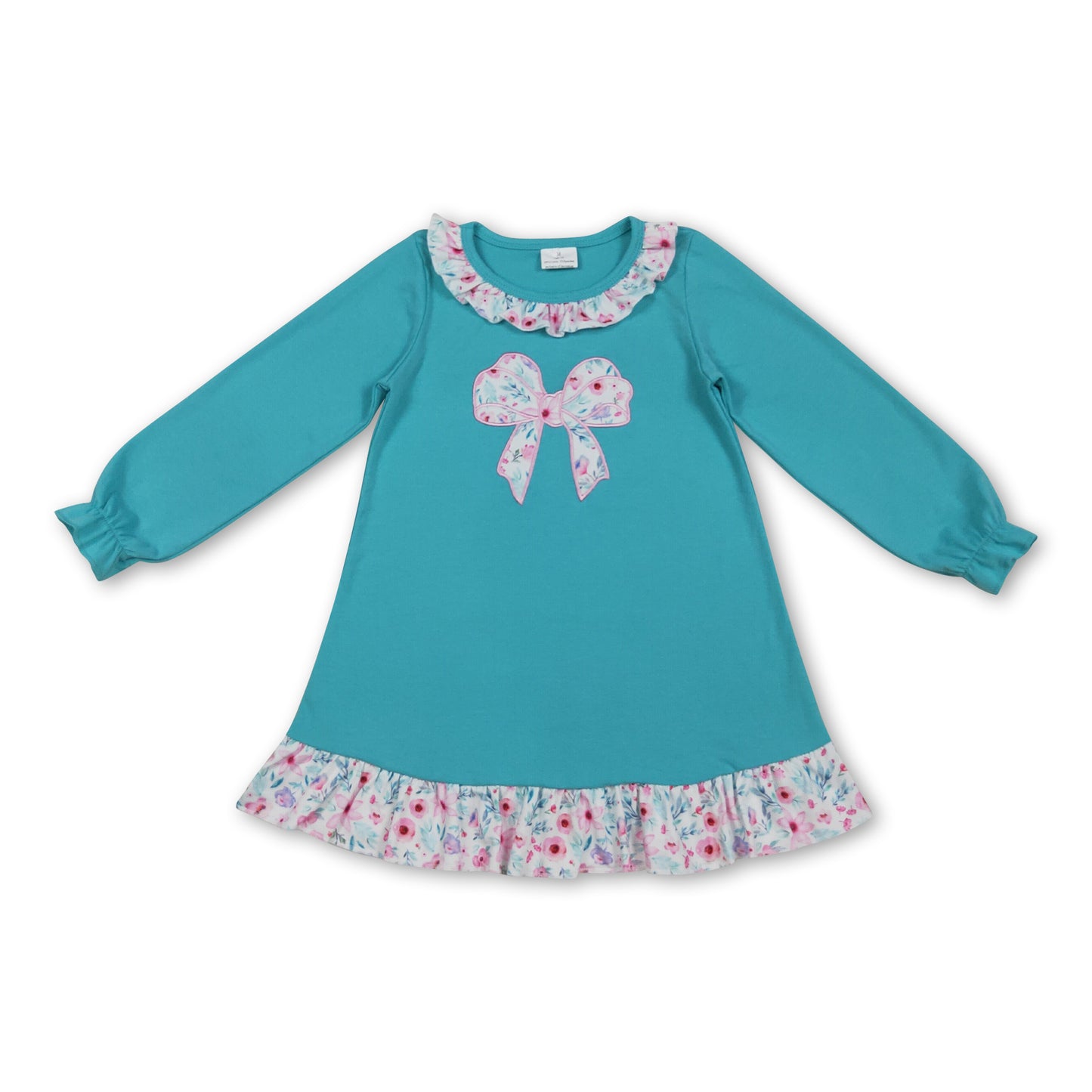 long sleeves floral bow ruffle kids girls dresses