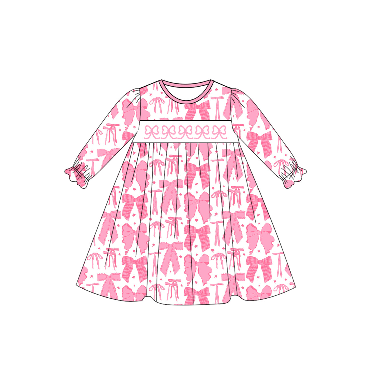 Long sleeves pink bow kids girls dresses