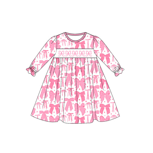 Long sleeves pink bow kids girls dresses