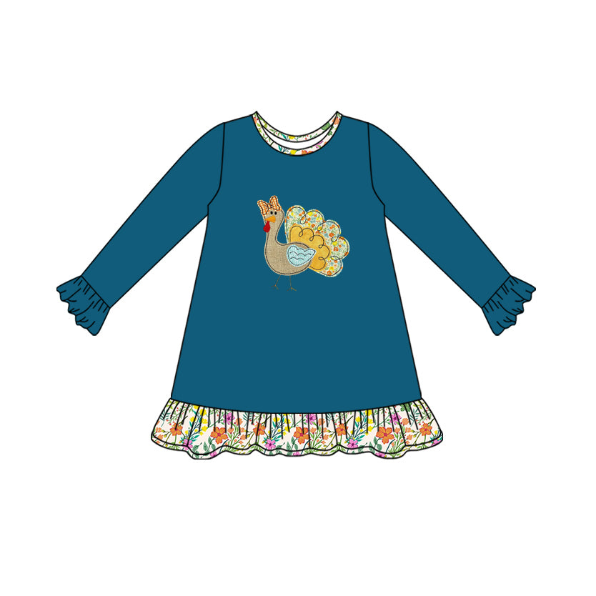 Long sleeves turkey floral ruffle girls Thanksgiving dresses
