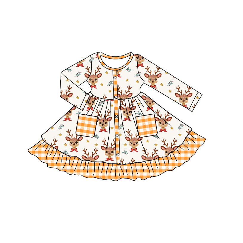 Long sleeves deer bow plaid ruffle girls Christmas dresses