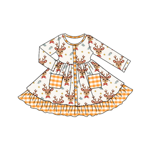 Long sleeves deer bow plaid ruffle girls Christmas dresses
