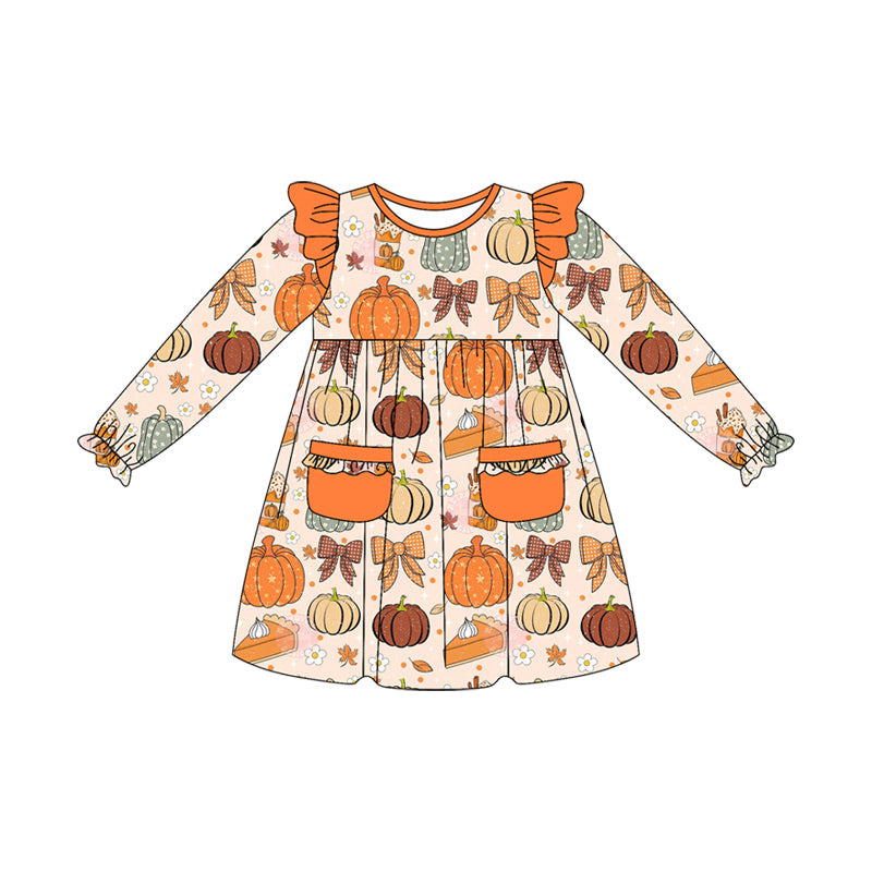 Long sleeves pumpkin pie bow kids girls Thanksgiving dress