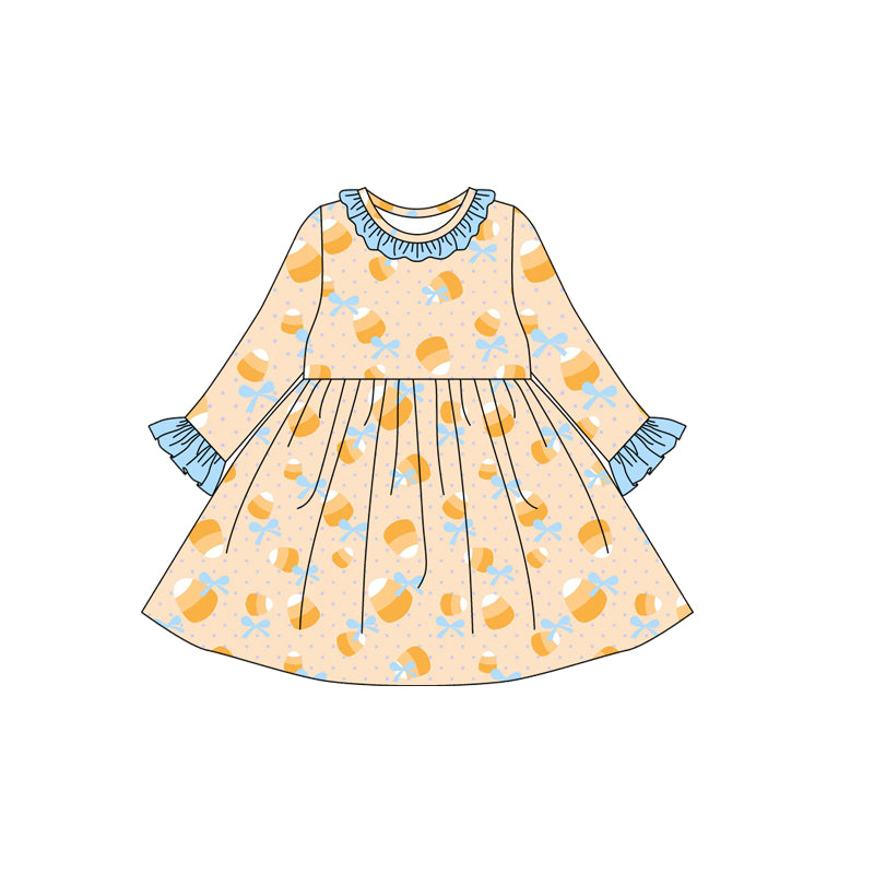 Long sleeves candy corn bow baby girls Halloween dress