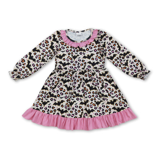 Long sleeves leopard bat ruffle kids girls Halloween dresses