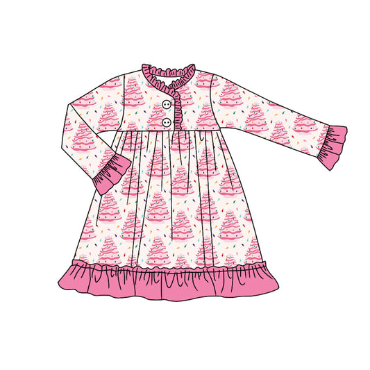 Long sleeves pink Christmas tree cake girls night dresses