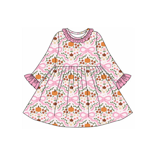 Pink bow floral pumpkin baby girls fall dresses