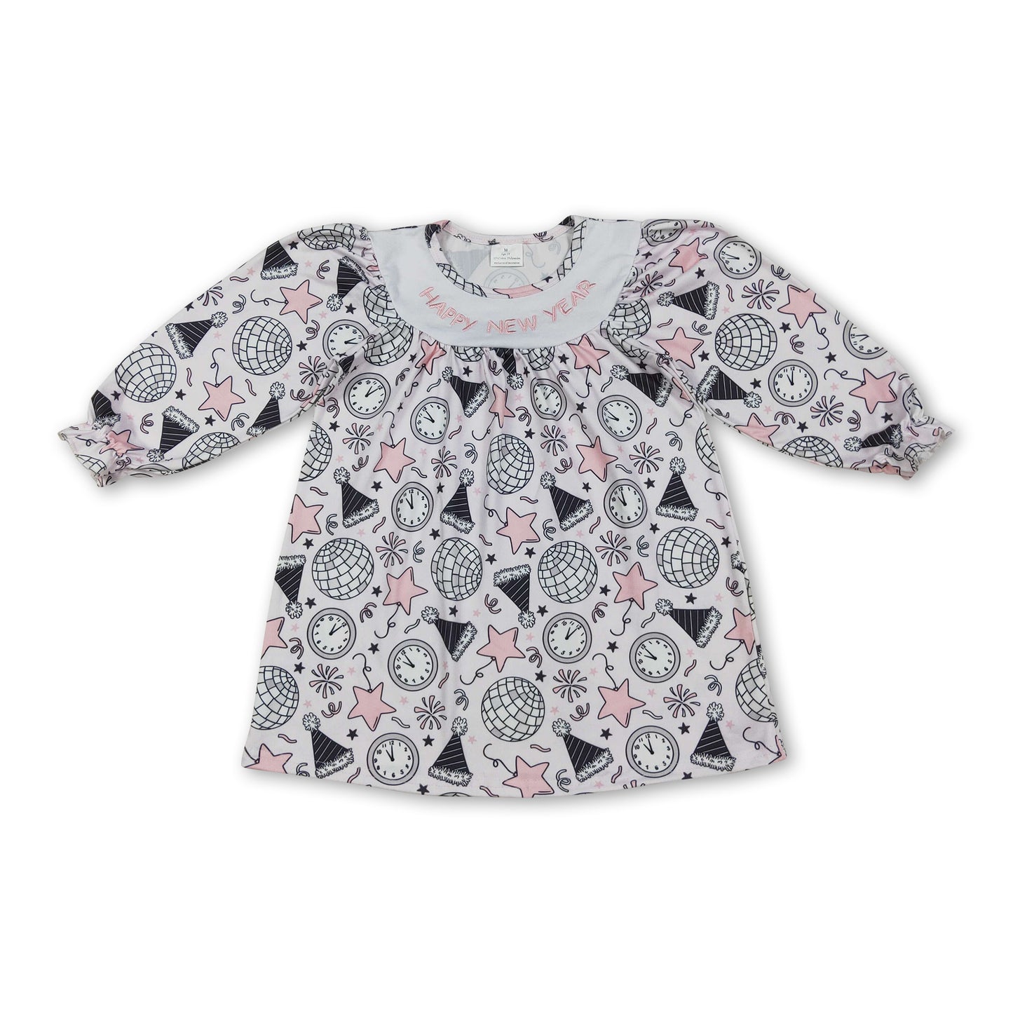 Happy New Year long sleeves pink stars kids girls dresses