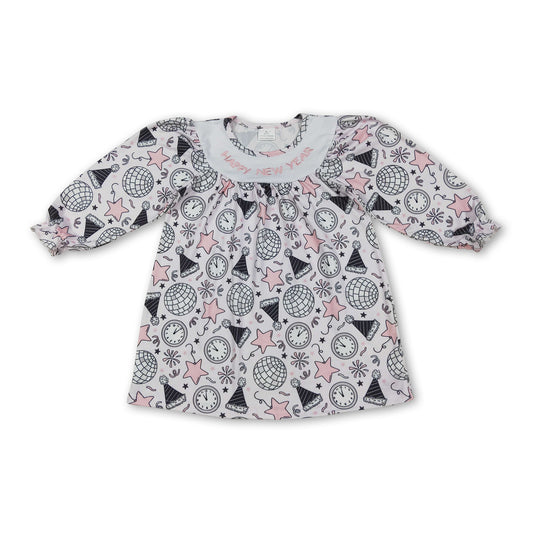 Happy New Year long sleeves pink stars kids girls dresses