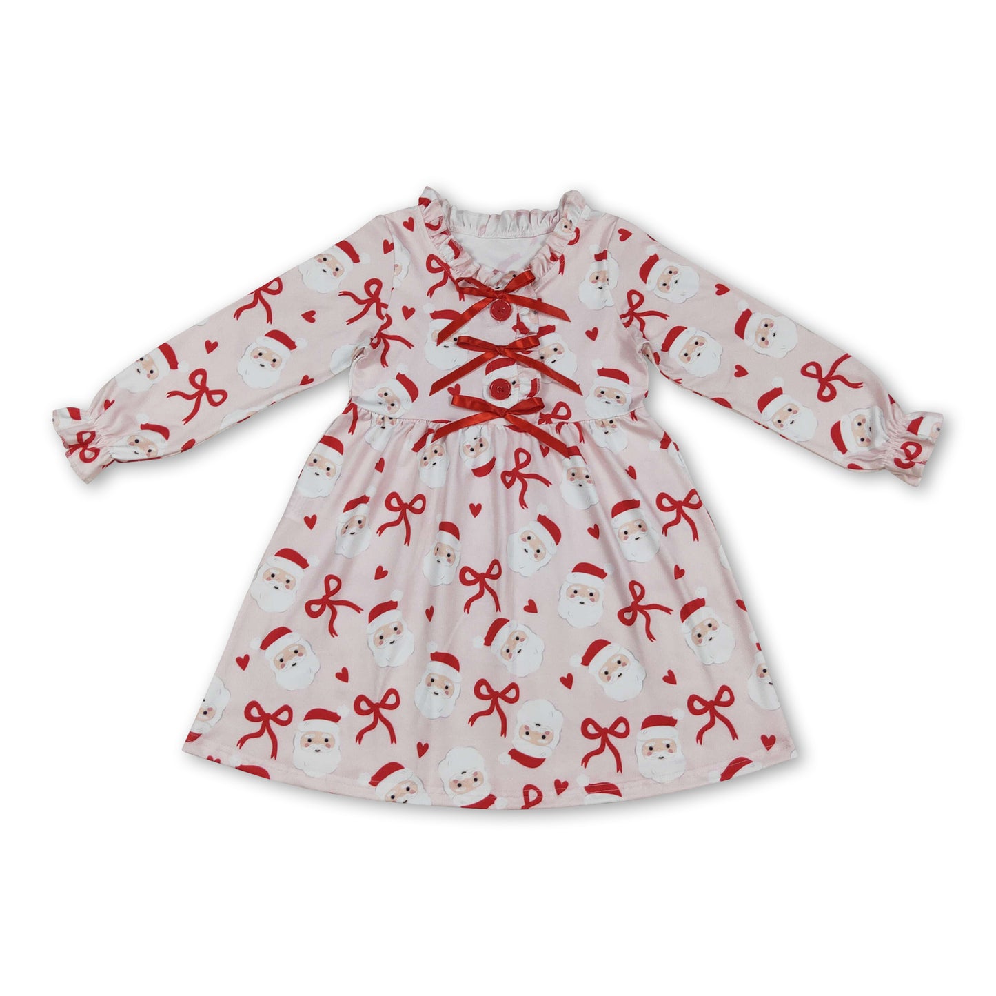 Long sleeves red santa heart kids girls Christmas dresses