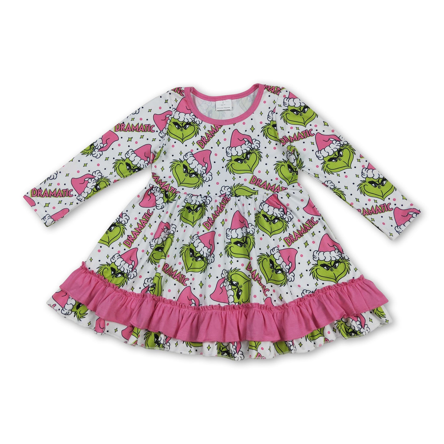 Long sleeves ruffle pink Christmas hat green face girls dresses