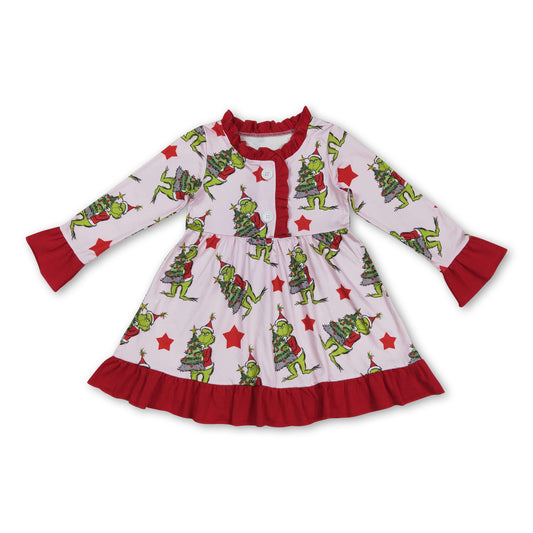 Long sleeves red stars green face girls Christmas night dress