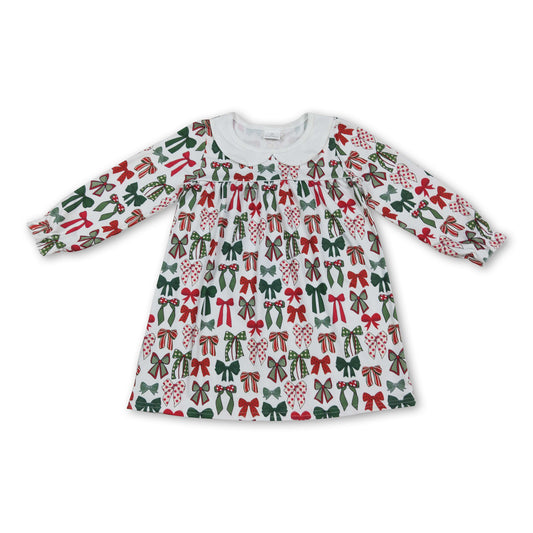 Long sleeves red green bows kids girls Christmas dresses