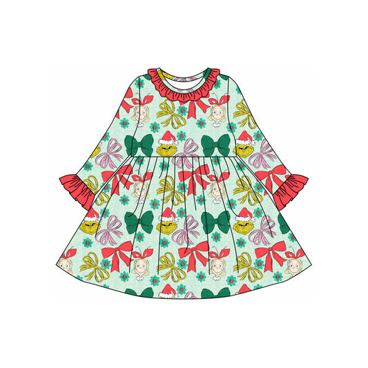 Long sleeves green face bow girls Christmas dresses